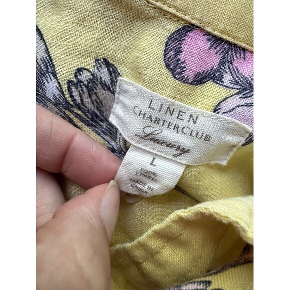 Charter Club Luxury 100% Linen Yellow Floral Button Front Shirt Womens Sz Large - Picture 4 of 4
